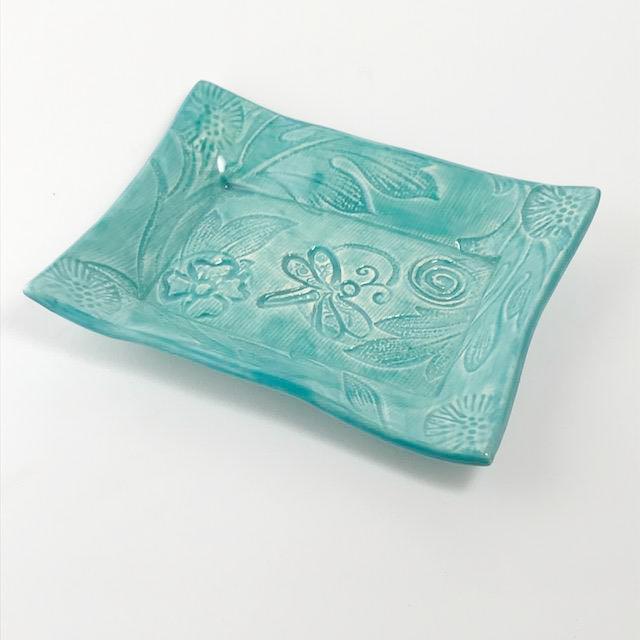 Lorraine Oerth tray with dragonfly design turquoise glaze