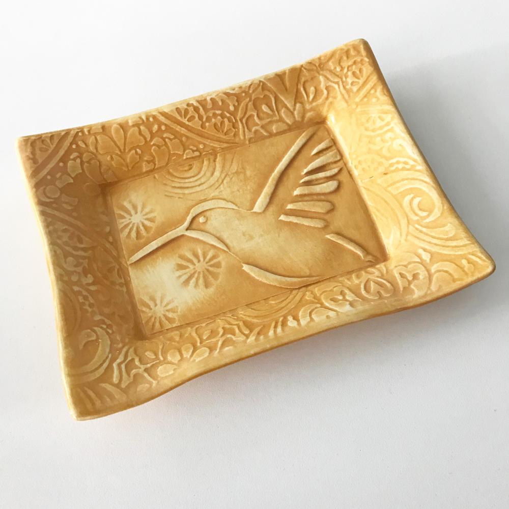 Ceramic tray Hummingbird design in folk art style.