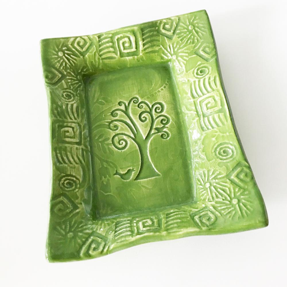 Tree of Life Design by Lorraine Oerth on her ceramic green tray.